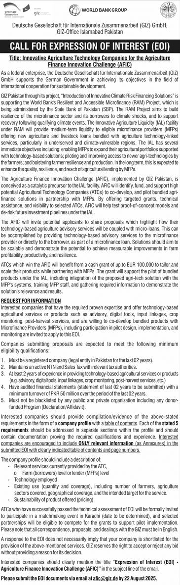 Deutsche Gesellschaft fur Internationale Zysammenarbeit GmbH Islamabad Tender Notice